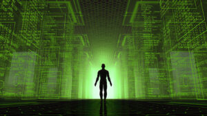 Man-standing-at-lighted-door-within-green-matrix-post