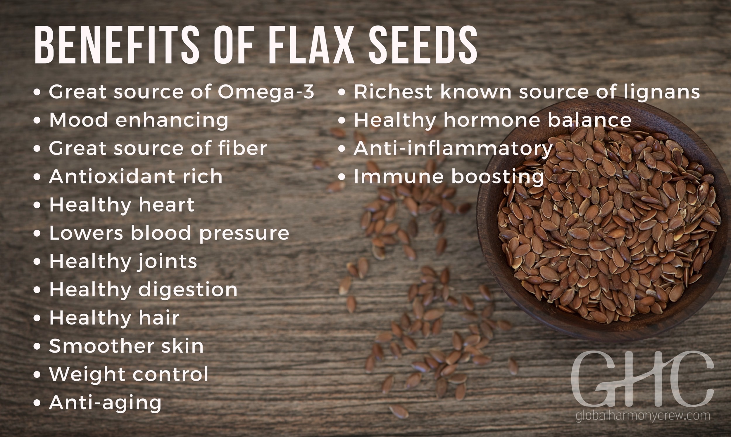 Benefits of flax seeds: Great source of Omega-3 Mood enhancing Great source of fiber Antioxidant rich Healthy heart Lowers blood pressure Healthy joints Healthy digestion Healthy hair Smoother skin Weight control Anti-aging Richest known source of lignans Healthy hormone balance Anti-inflammatory Immune boosting